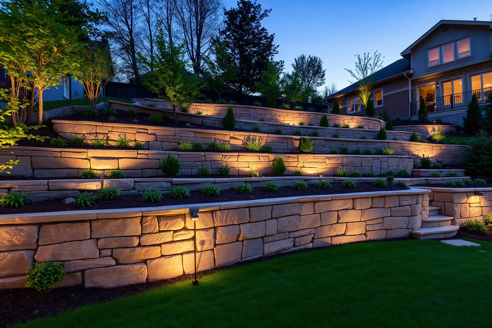 Multi-tiered armour stone retaining wall by Matteli Natural Stone in Vaughan