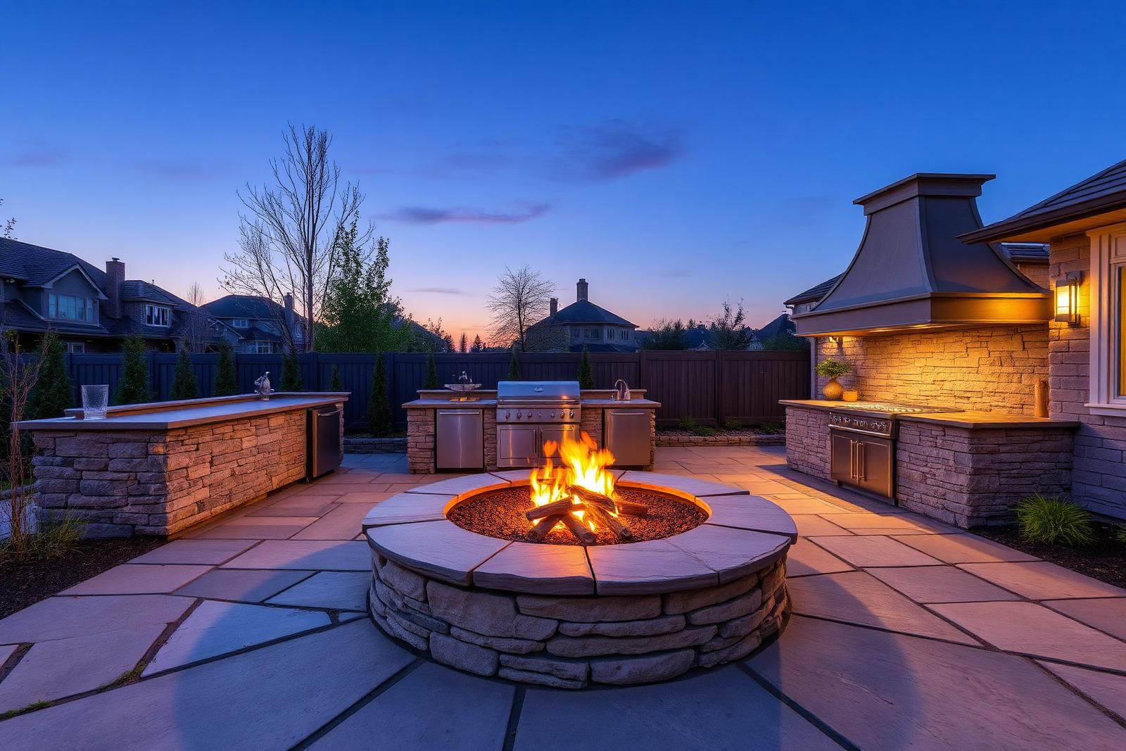 Luxury outdoor kitchen and stone fire pit on flagstone patio, GTA