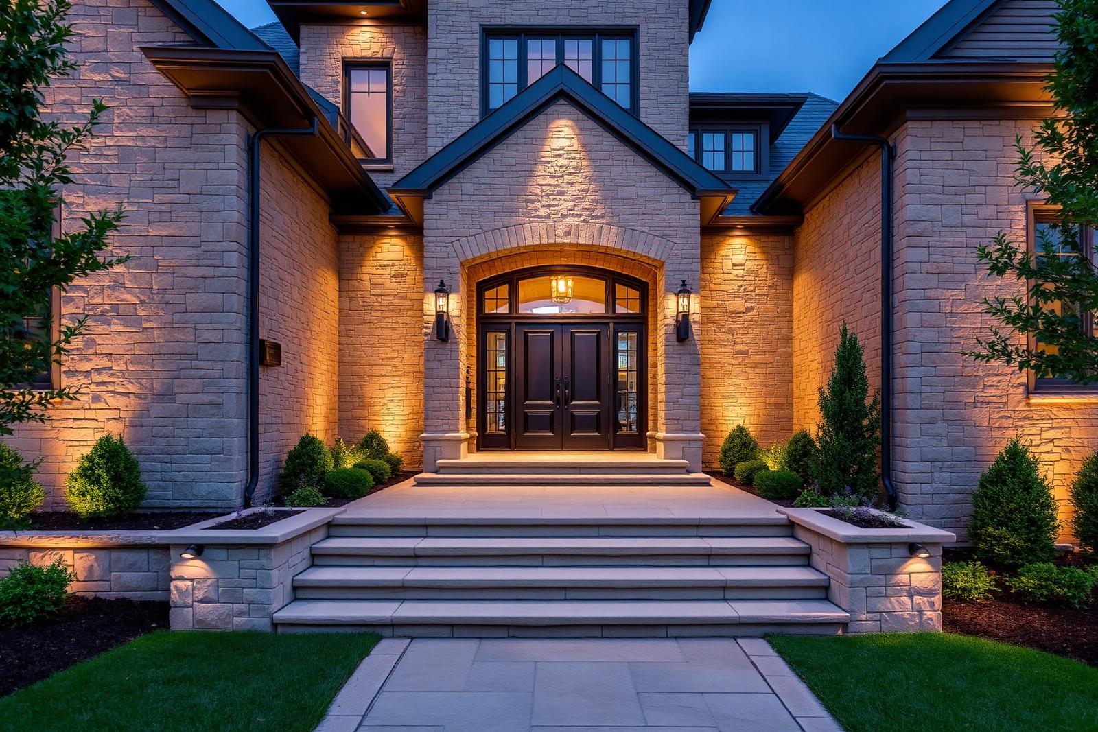 Grand natural stone entrance with wide steps and stone facade, GTA